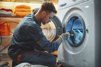 A man repairing a washing machine in a laundromat